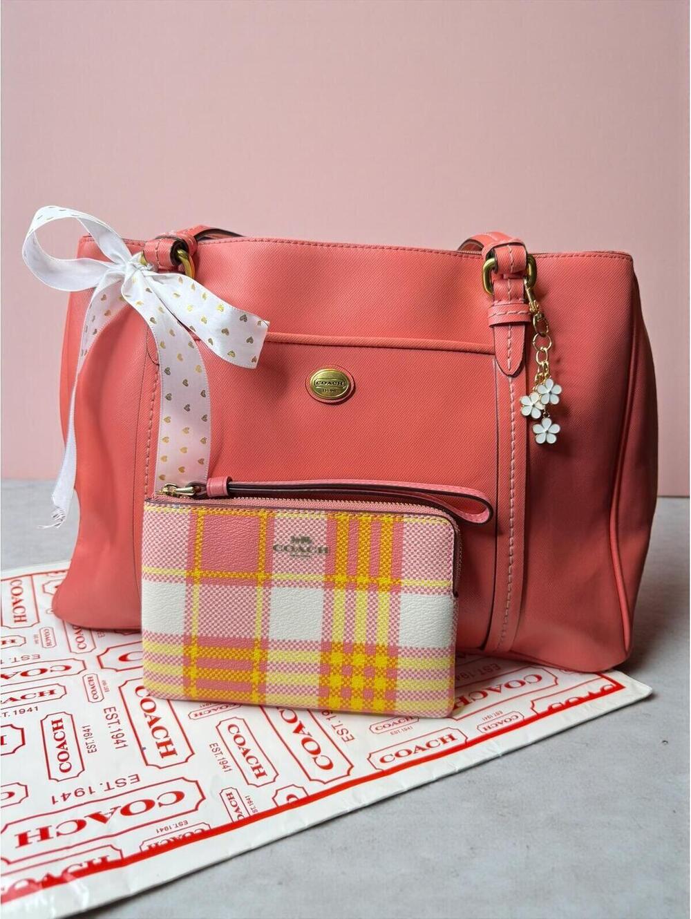 Coach Peyton Leather Jordan Double Zip & NWT Plaid Wristlet